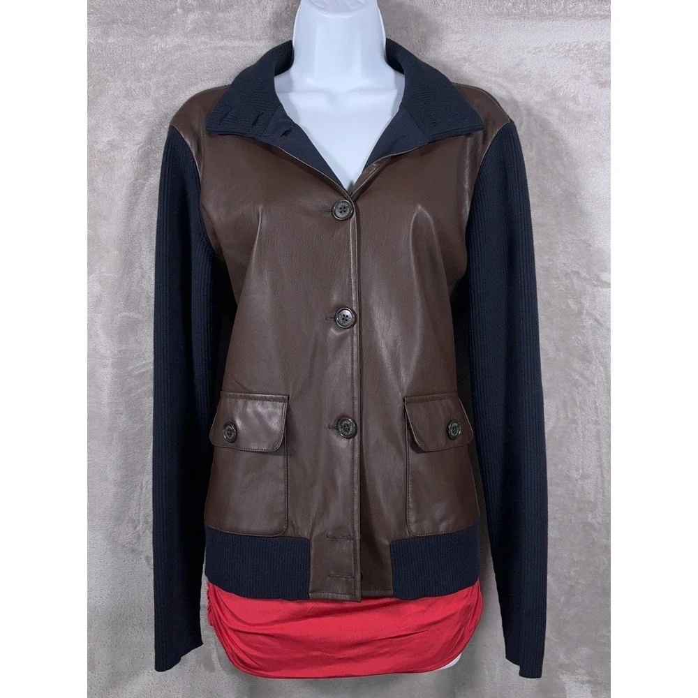 Lauren Ralph Lauren Faux Leather Cardigan Womens Large Blue Brown Sweater